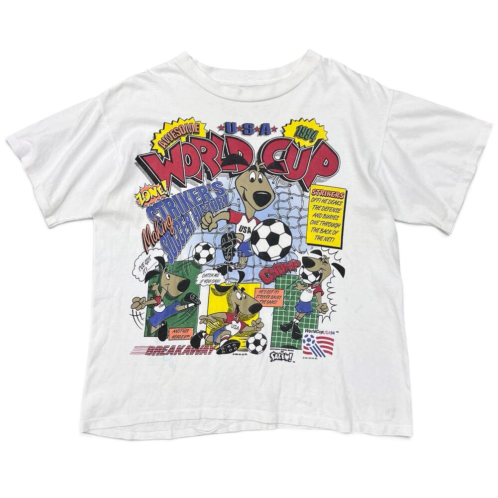 Vintage 1994 World Cup Soccer Striker Dog Mascot Comic Players Single T Shirt